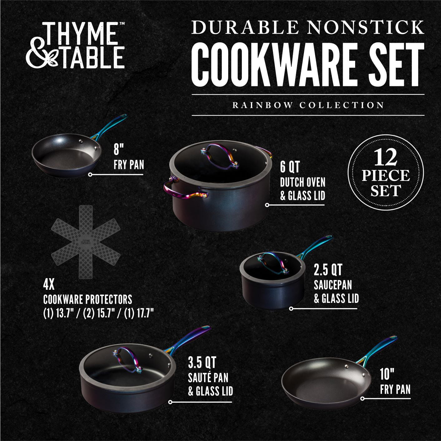 Thyme and Table, 12-Piece Cookware Set, Rainbow