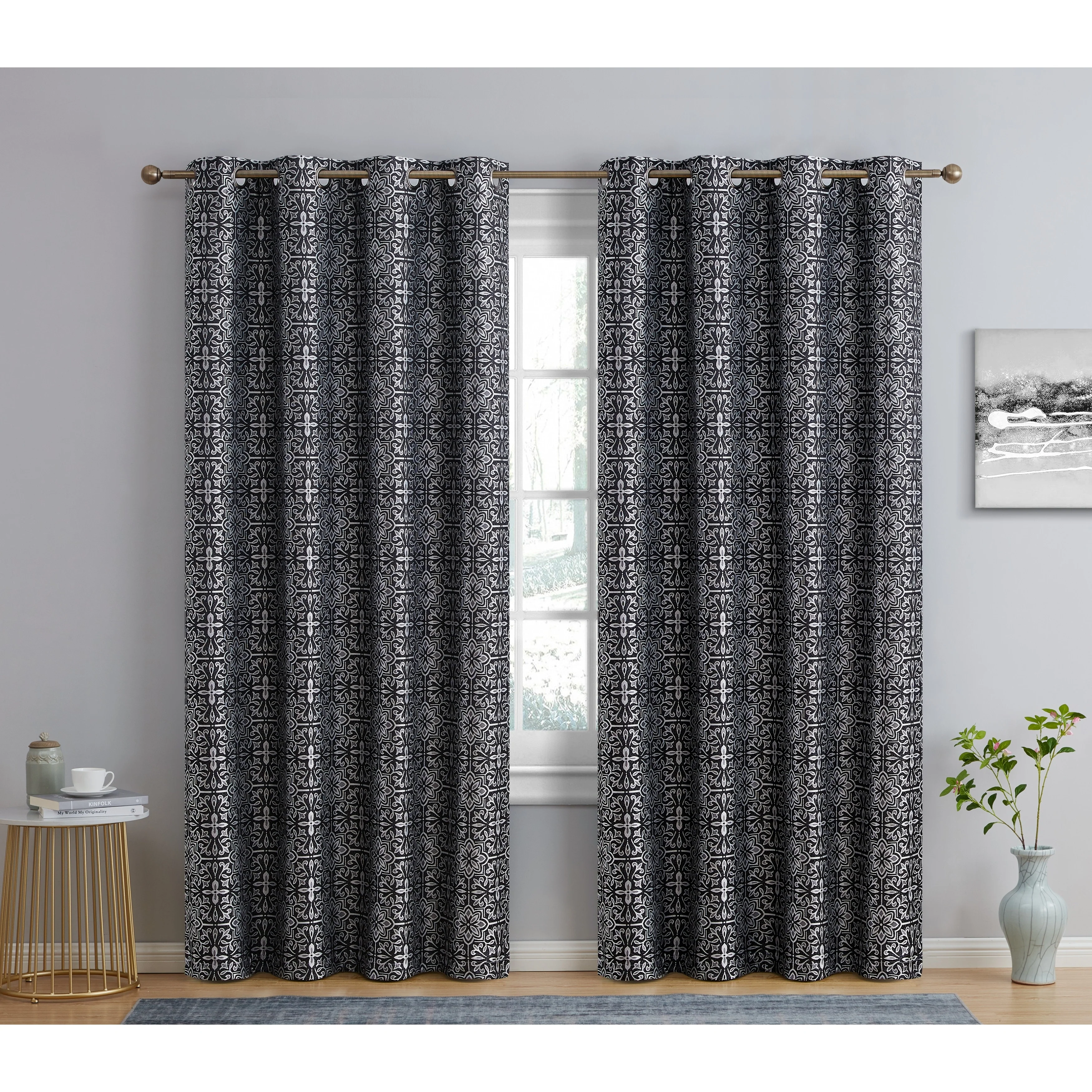 HLC.me Mia Tile 100% Complete Blackout Thermal Insulated Heat/Cold/UV Blocking Grommet Curtain Panels - Pair