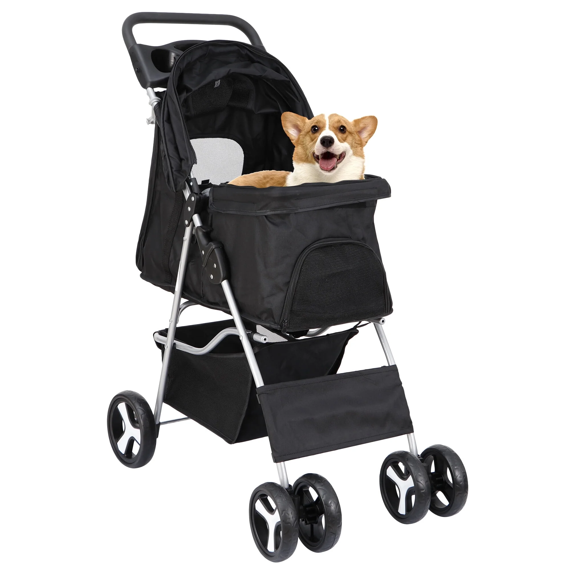 2026 HomGarden 4 Wheel Pet Dog Stroller Foldable Carrier Strolling Cart for Small Dog Cat W/Storage Basket & Cup Holder, Black