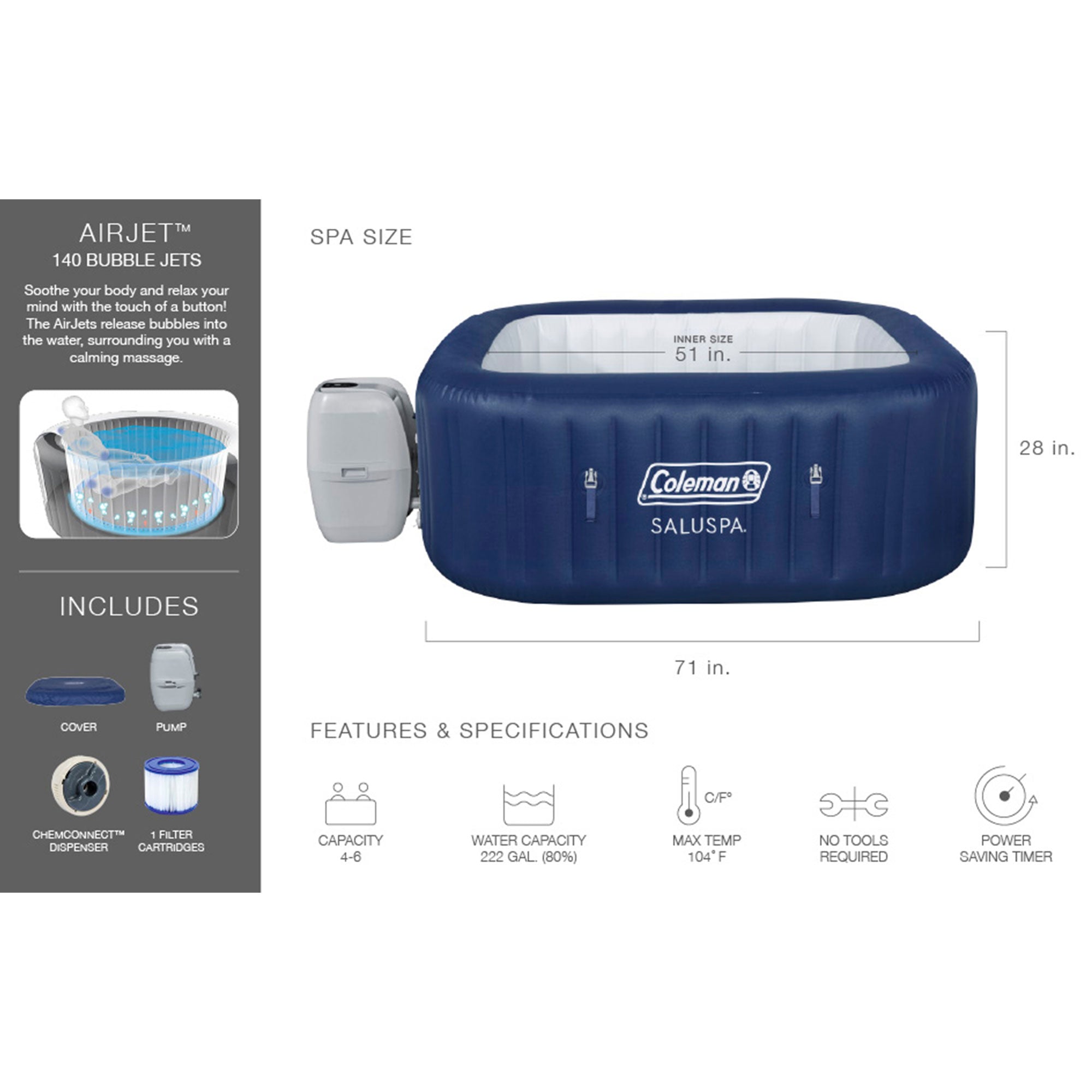 Coleman Atlantis SaluSpa 140 AirJet Square 4-6 Person Inflatable Hot Tub, Blue💝 Last Day For Clearance