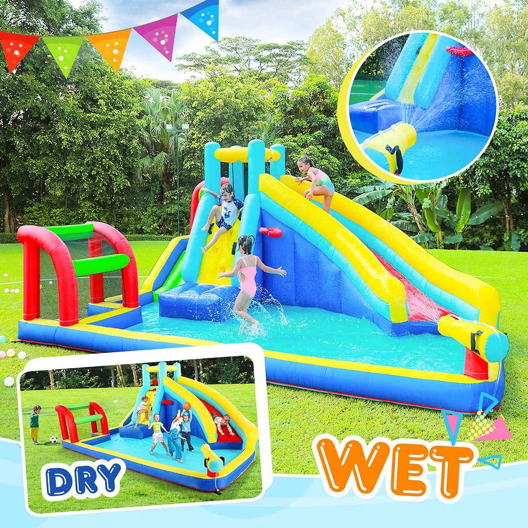 Kids Outdoor Inflatable Bouncers Water Slide Pool with Long Slide Climbing Wall, Including Stakes (with 450W Air Blower)