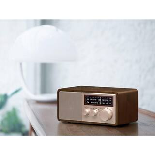 Sangean AMFMBluetooth Dark Walnut Wood Cabinet Radio with Rose Gold Face Plate and USB Charging Port WR-16SE