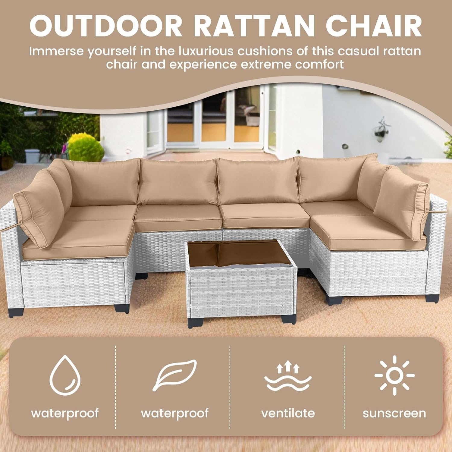 7 Pieces Rattan Patio Furniture Set with Tea Table