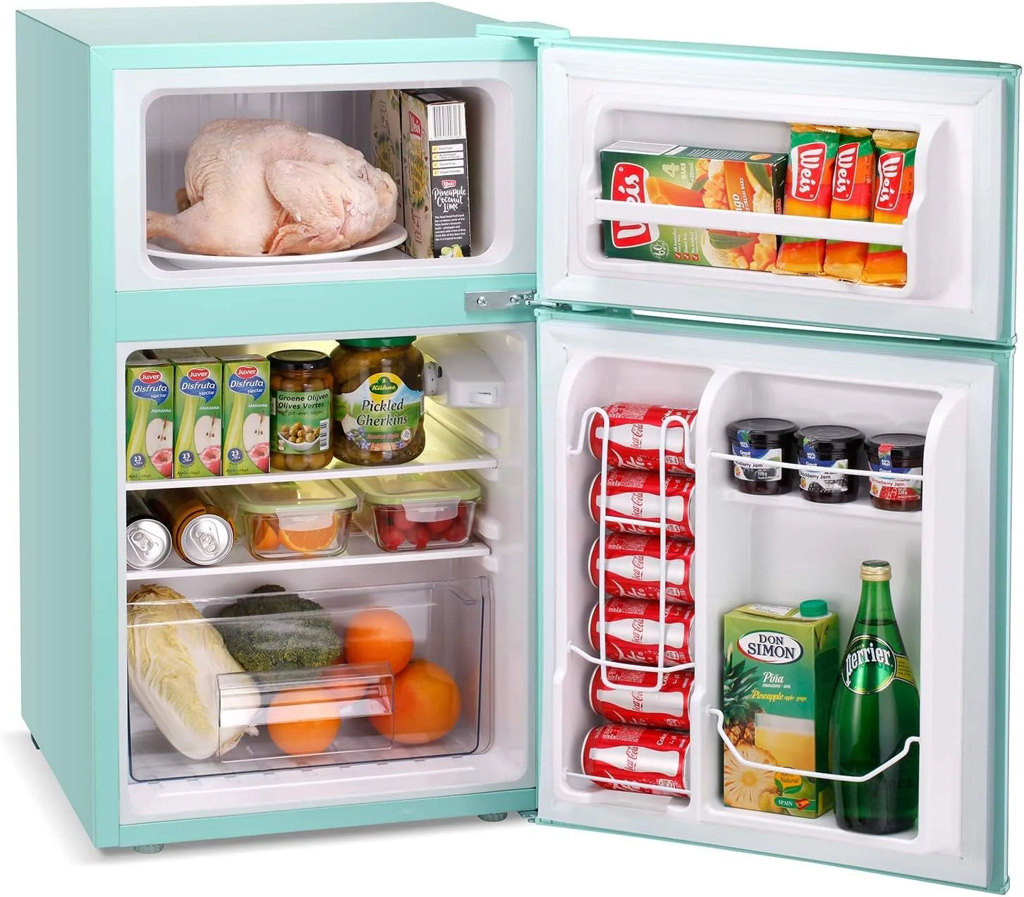 2026 Antarctic Star Compact Mini Refrigerator Separate Freezer, Small Fridge Double 2-Door Adjustable Removable Retro Stainless Steel Shelves Living room/Kitchen/Dorm/Office 3.2 cu ft.Green