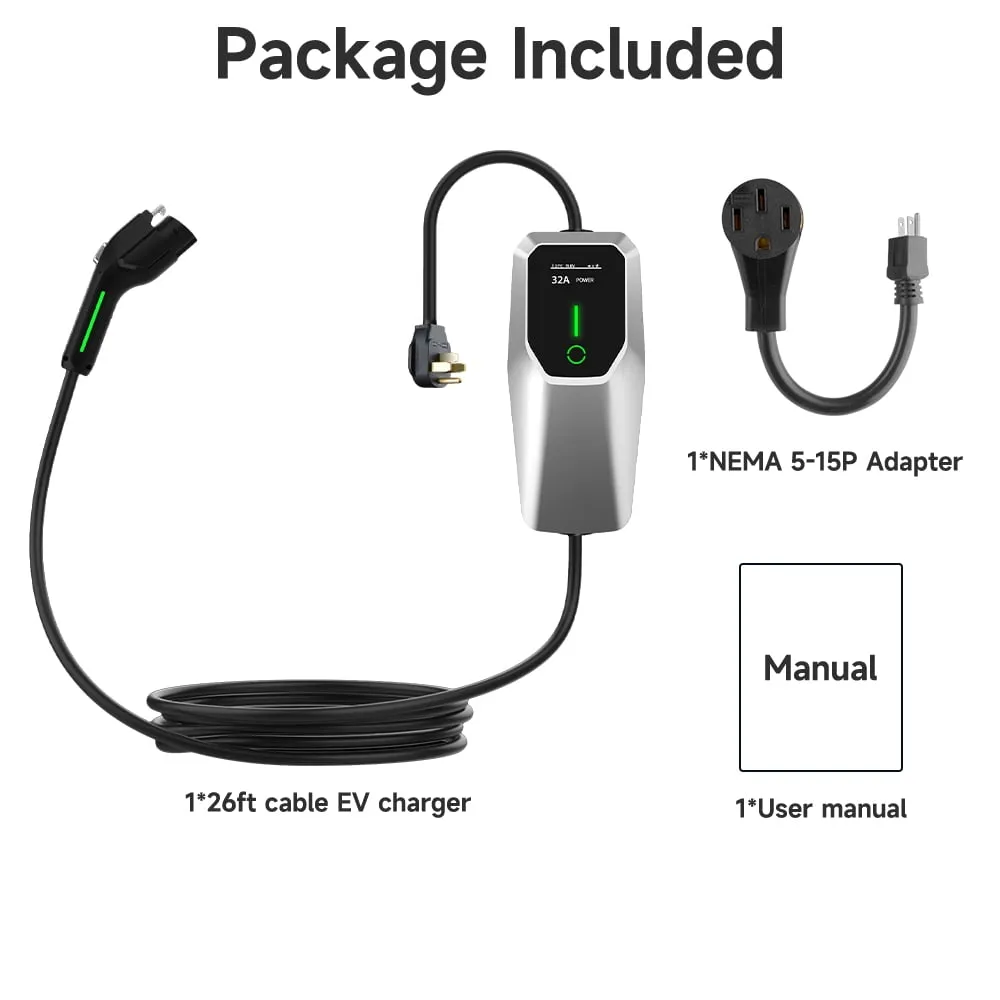 2026 32 Amp Level 1&2 Portable EV Charger ,26FT Cable NEMA 14-50 Plug for Electric Car Home Charging Station 7.68KW