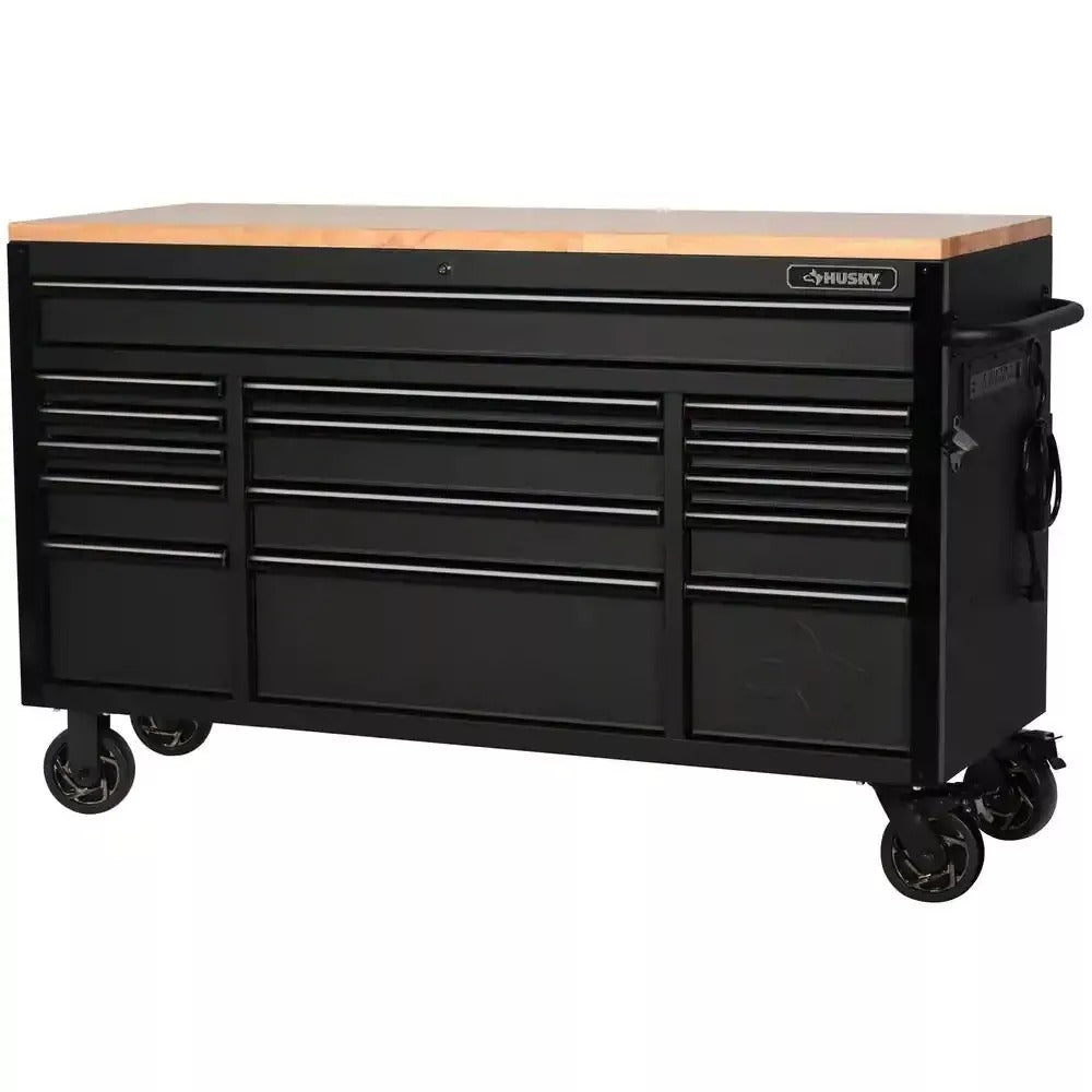 Duty 61 in. W x 23 in. D 15-Drawer Mobile Workbench with Solid Wood Top