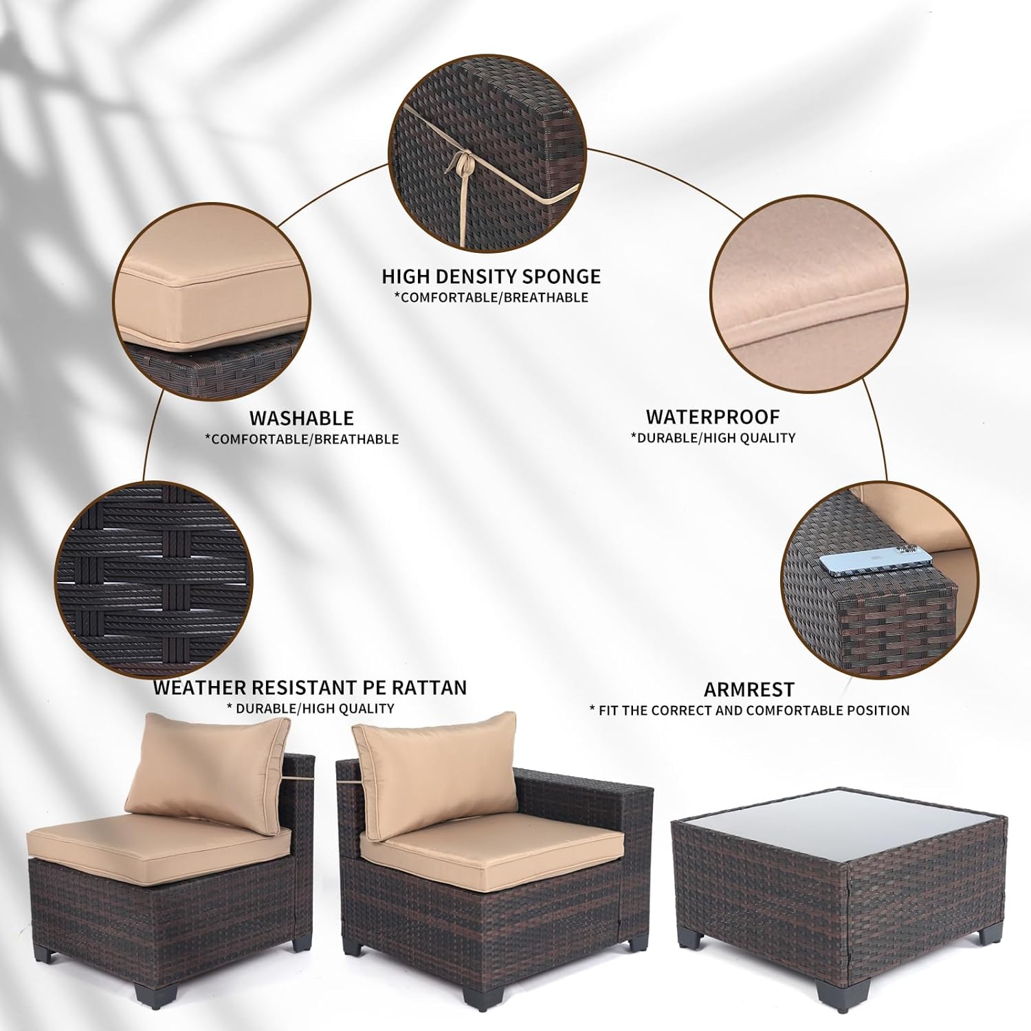 7 Pieces Rattan Patio Furniture Set with Tea Table