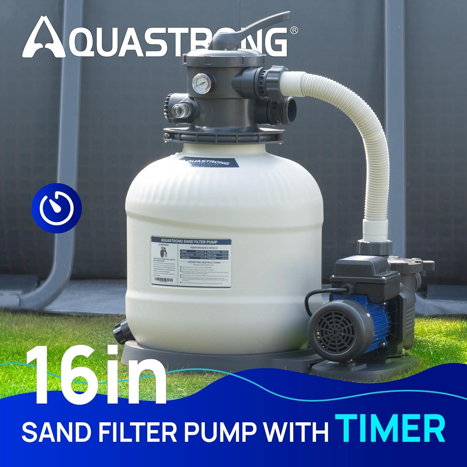 16′′ Sand Filter Pump for Above Ground Pools – 3/4 HP