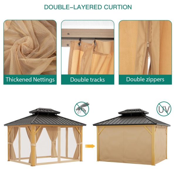 2026 10X13 FT Outdoor Galvanised Steel Hardtop Gazebo, Heavy Duty Double Roof Outdoor Gazebo with Netting and Sunshade Curtains, Aluminium Framed Gazebo for Patio, Terrace, Lawn and Deck, Khaki