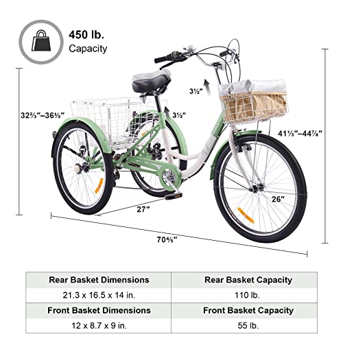 Tricycle 7-Speed, 24′′ Wheels, High Carbon Steel Frame, Front & Rear Baskets, Adjustable Saddle