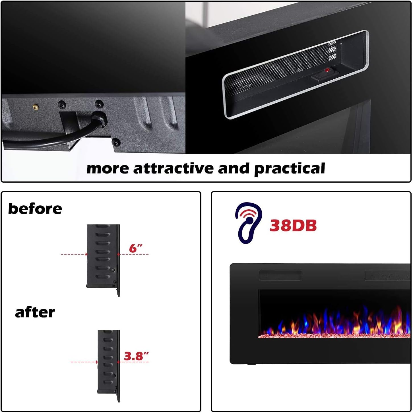 60′′ Electric Fireplace – Remote Control, Adjustable Flames