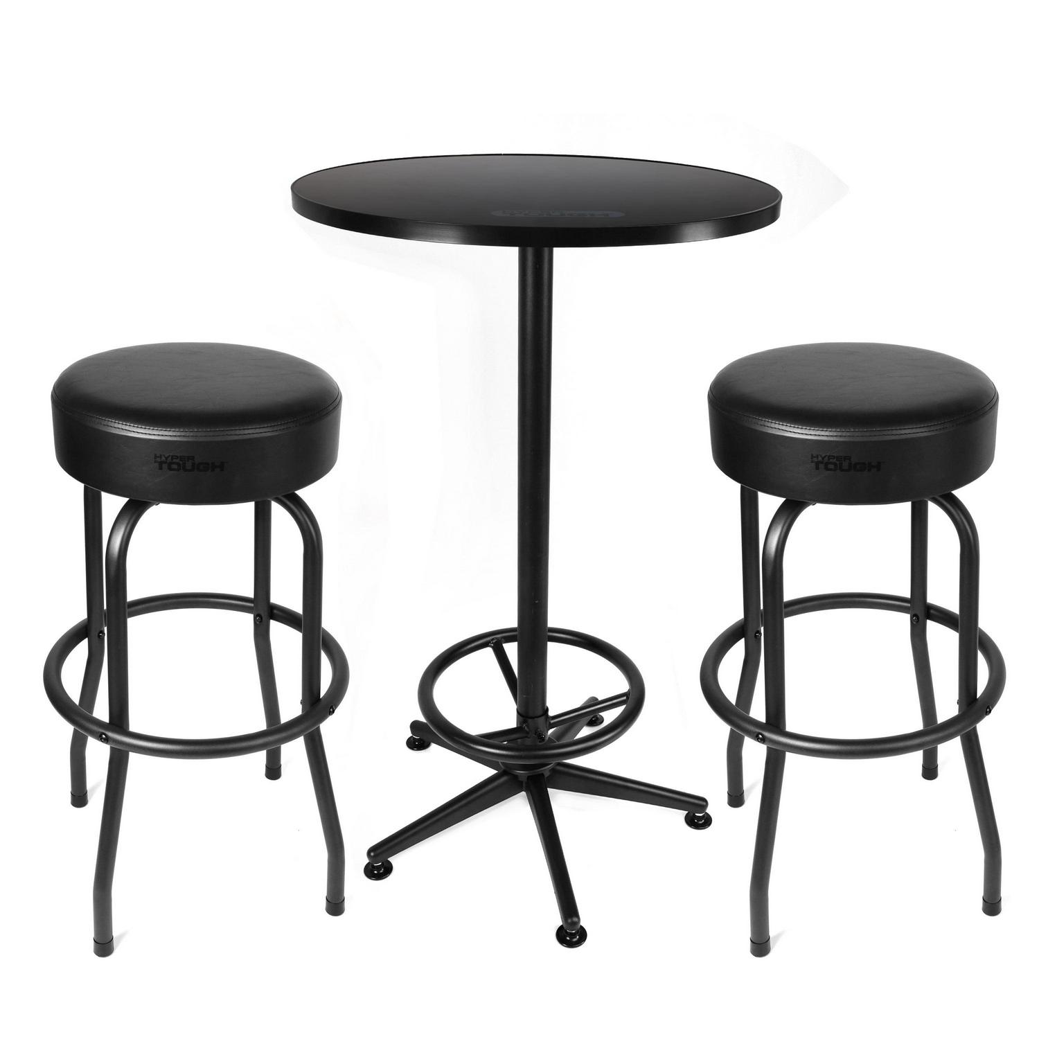 Hyper Tough 3-Piece Shop Table & Stool Set, Bar Height, Pub Table, Workbench, Steel, Black