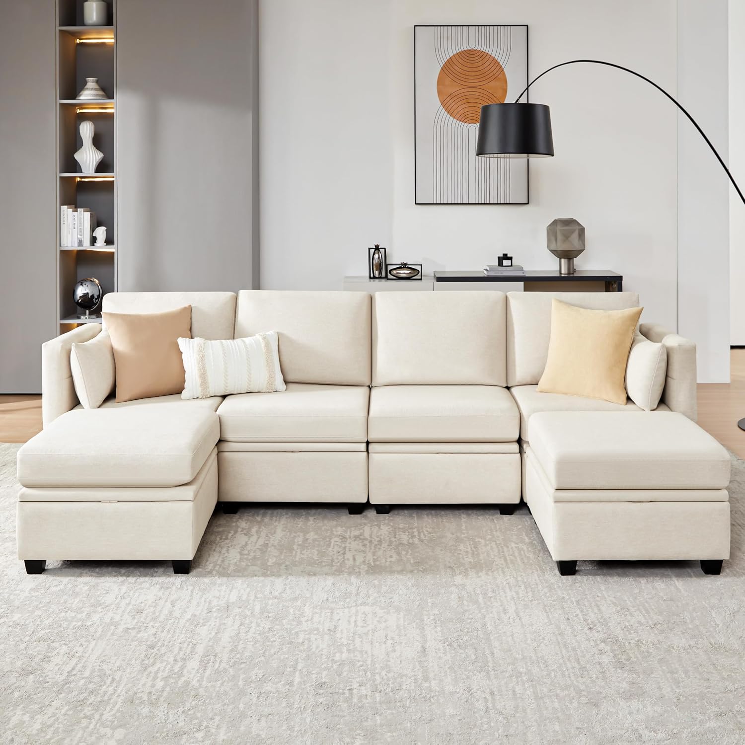 Modular Sectional Sofa, 6 Seat Modular Sectionals Sofa Couch with Chaise for Living Room, High Supportive & Soft Sponges,Convertible U Shaped Sofa Couch with Storage, Beige