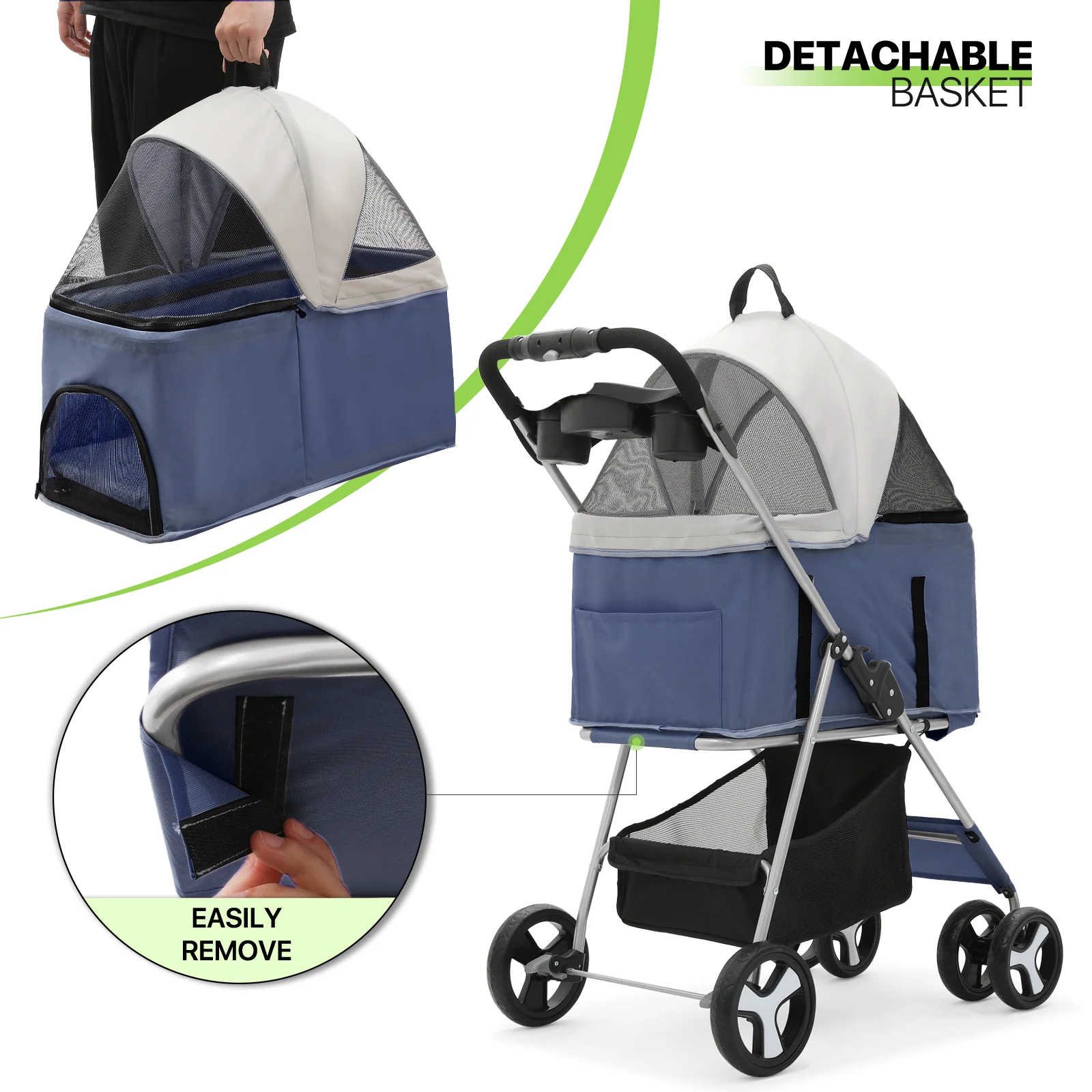 Magshion Foldable Dog Pet Stroller with Cup Holder, 4 Wheel (Navy Blue)