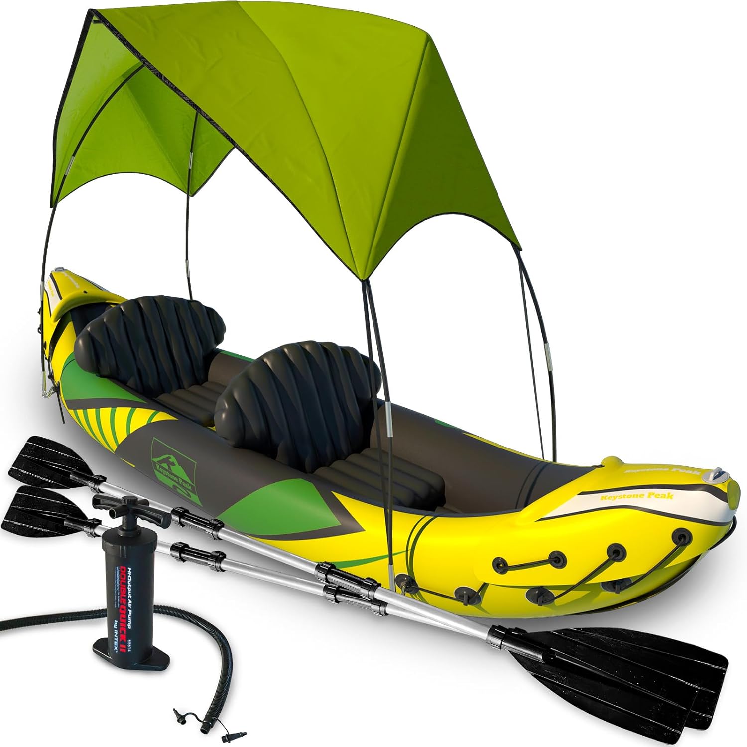 2026 KP Inflatable Kayak 2 Person with Sun Canopy (Detachable) + Kayaks for Adults + 3rd Seat for Dog/Child + Waterproof Phone Bags + Adjustable Seats + Kayak + Backrests & More + New 2024 + Yellow Green