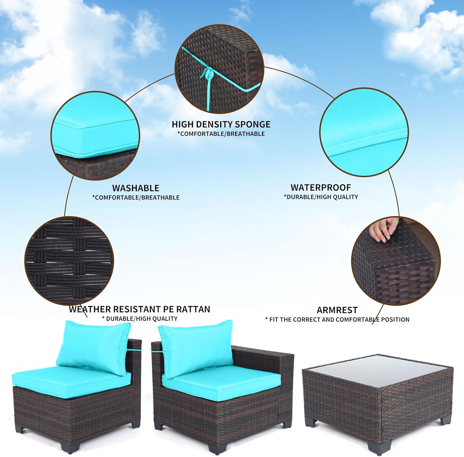 7 Pieces Rattan Patio Furniture Set with Tea Table