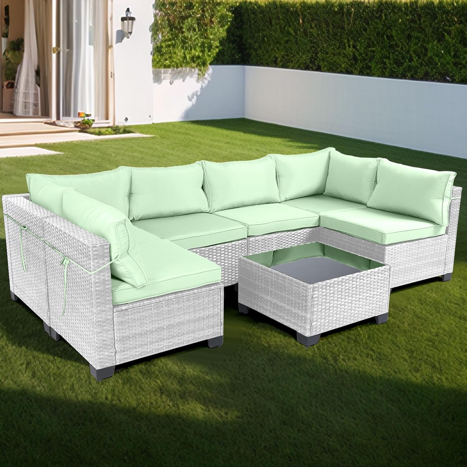 7 Pieces Rattan Patio Furniture Set with Tea Table