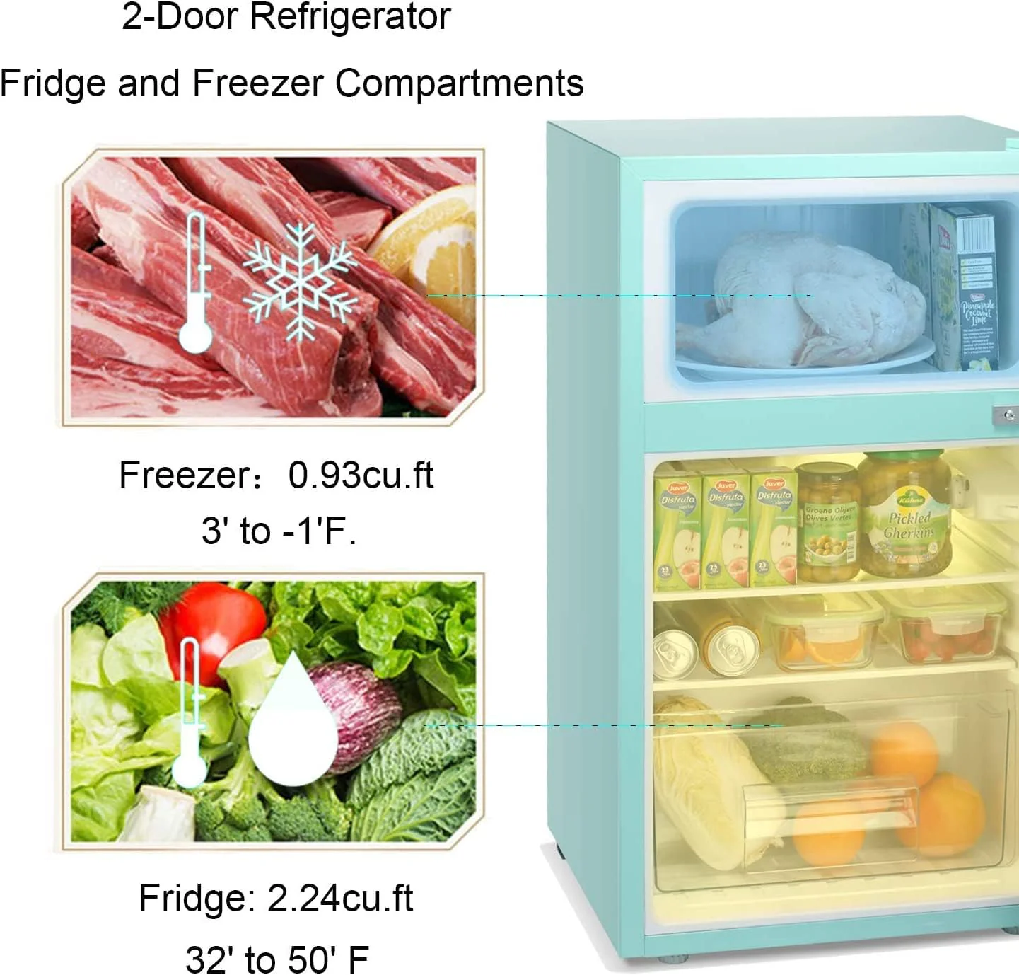 2026 Antarctic Star Compact Mini Refrigerator Separate Freezer, Small Fridge Double 2-Door Adjustable Removable Retro Stainless Steel Shelves Living room/Kitchen/Dorm/Office 3.2 cu ft.Green