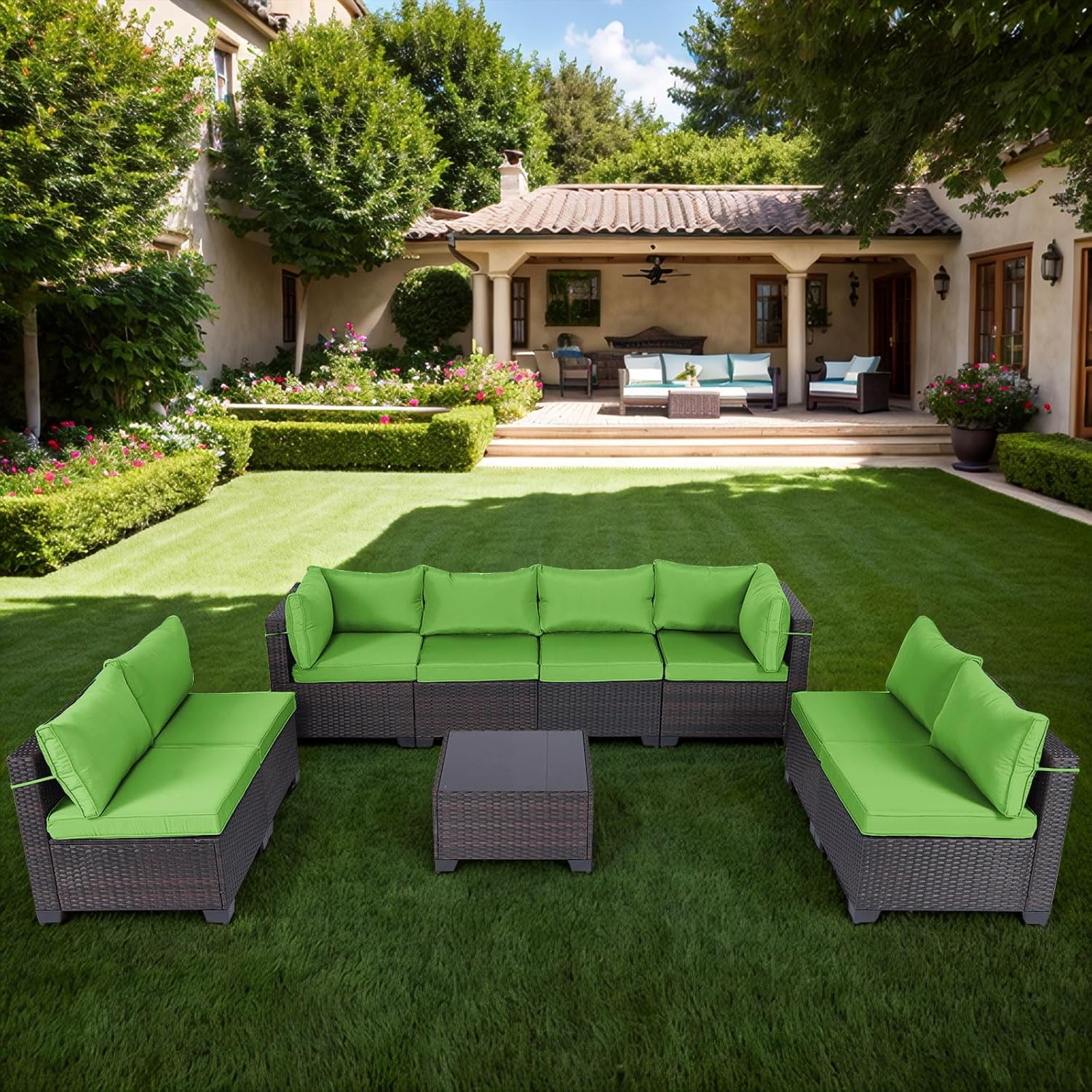 7 Pieces Rattan Patio Furniture Set with Tea Table