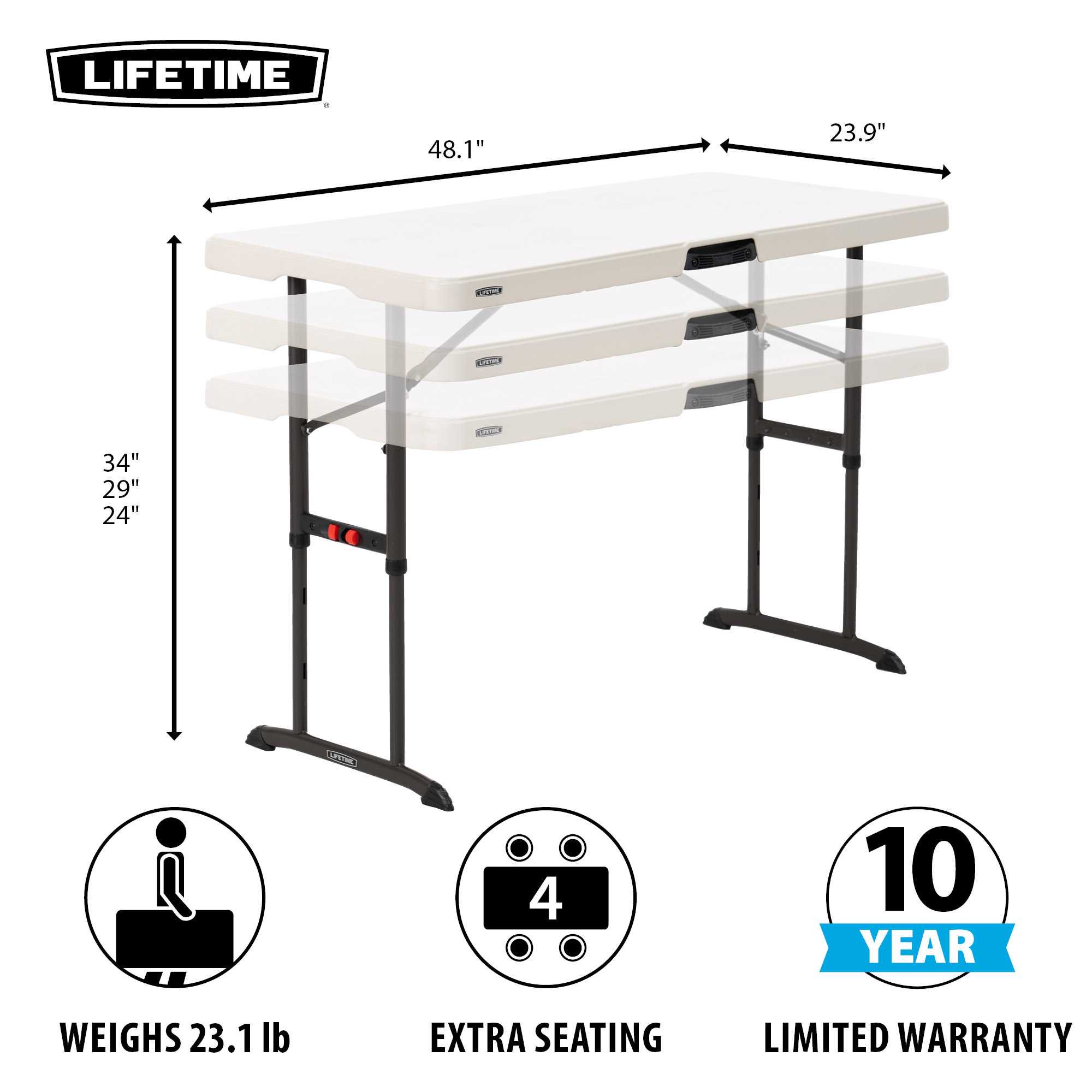 Lifetime Products 4 ft. Commercial Adjustable Folding Table, White