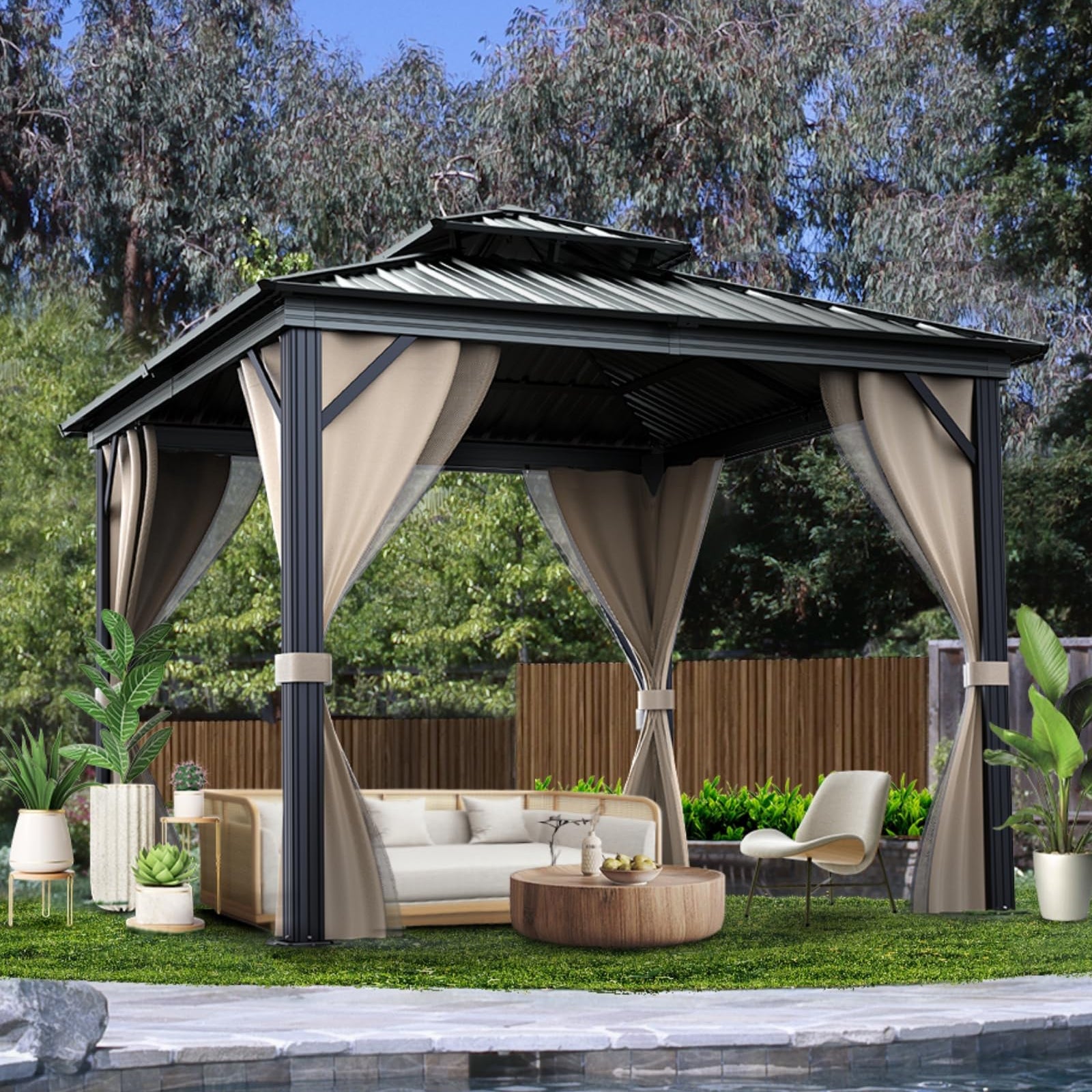 2026 10’x10′ Hardtop Gazebo with double metal roof, aluminum frame, net, and curtain. All-weather, ideal for patio, deck, garden, backyard. Khaki.