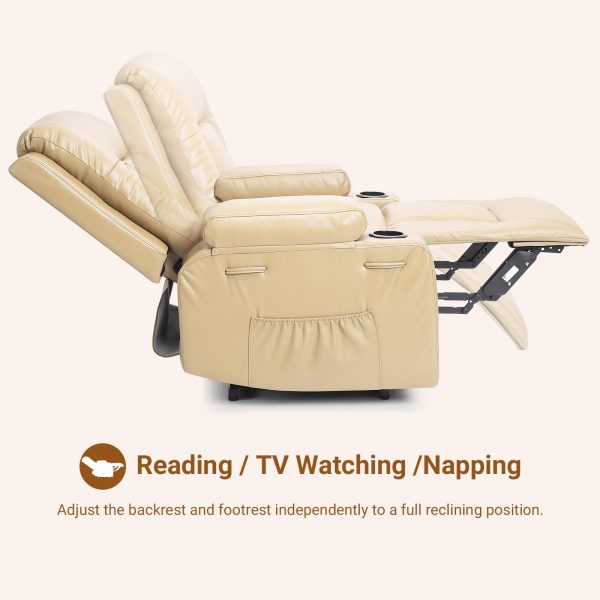PU Leather Power Lift Recliner Chair With Massage and Heat, Adjustable Furniture for Back, Legs w/ 3 Positions, Usb Port, Side Pocket (Beige, 27 Seat Width+Cup Holders)