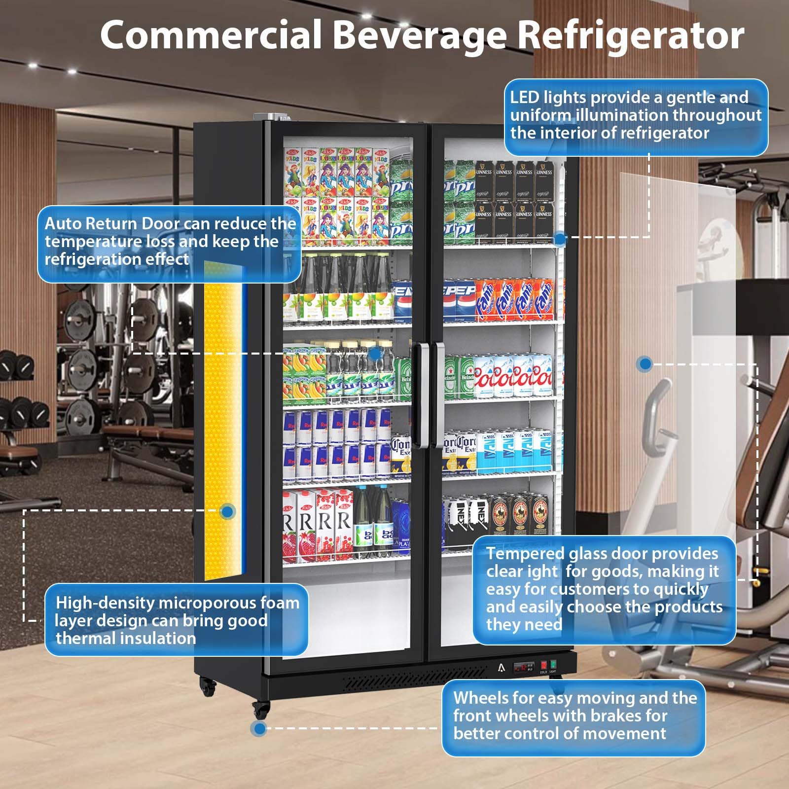 2026 Commercial Refrigerator, Glass Door with LED Lighting – Upright Beverage Display Cooler for Home, Store, Gym, or Office, Featuring Double Swing Doors and 39 cu.ft
