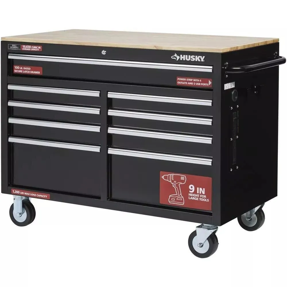 2026 46 in. W x 24 in. D 9-Drawer Gloss Black Deep Tool Chest Mobile Workbench
