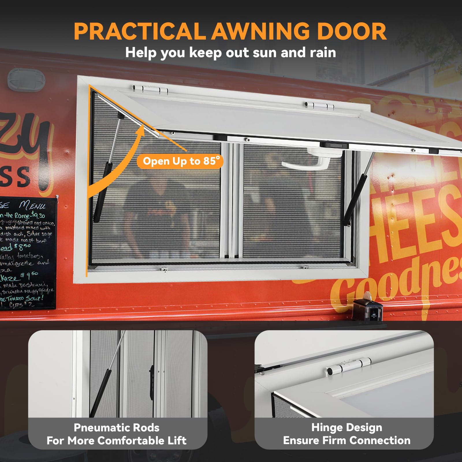 2026 Concession Window 36W x 36H Aluminum Alloy Food Truck Service Window with Sliding Screens & Awning Door, Hydraulic Lift, Locking Mechanism, Versatile for Catering