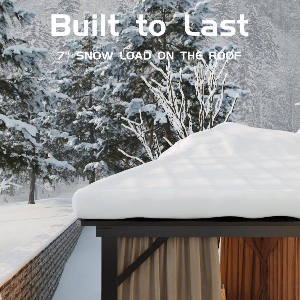 2026 10’x10′ Hardtop Gazebo with double metal roof, aluminum frame, net, and curtain. All-weather, ideal for patio, deck, garden, backyard. Khaki.