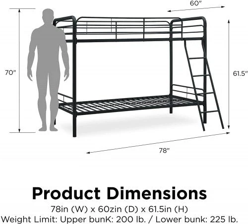 Twin Over Twin Metal Bunk Bed Frame for Kids – Black Space-Saving Bedroom Furniture | Model 666931