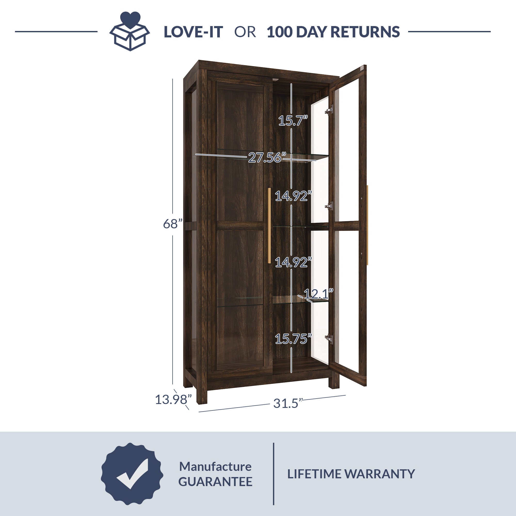 BELLEZE Avalon Tall Storage Cabinet, Dark Walnut Curio Bookshelf with Tempered Glass Doors for Living Room/Bedroom Display