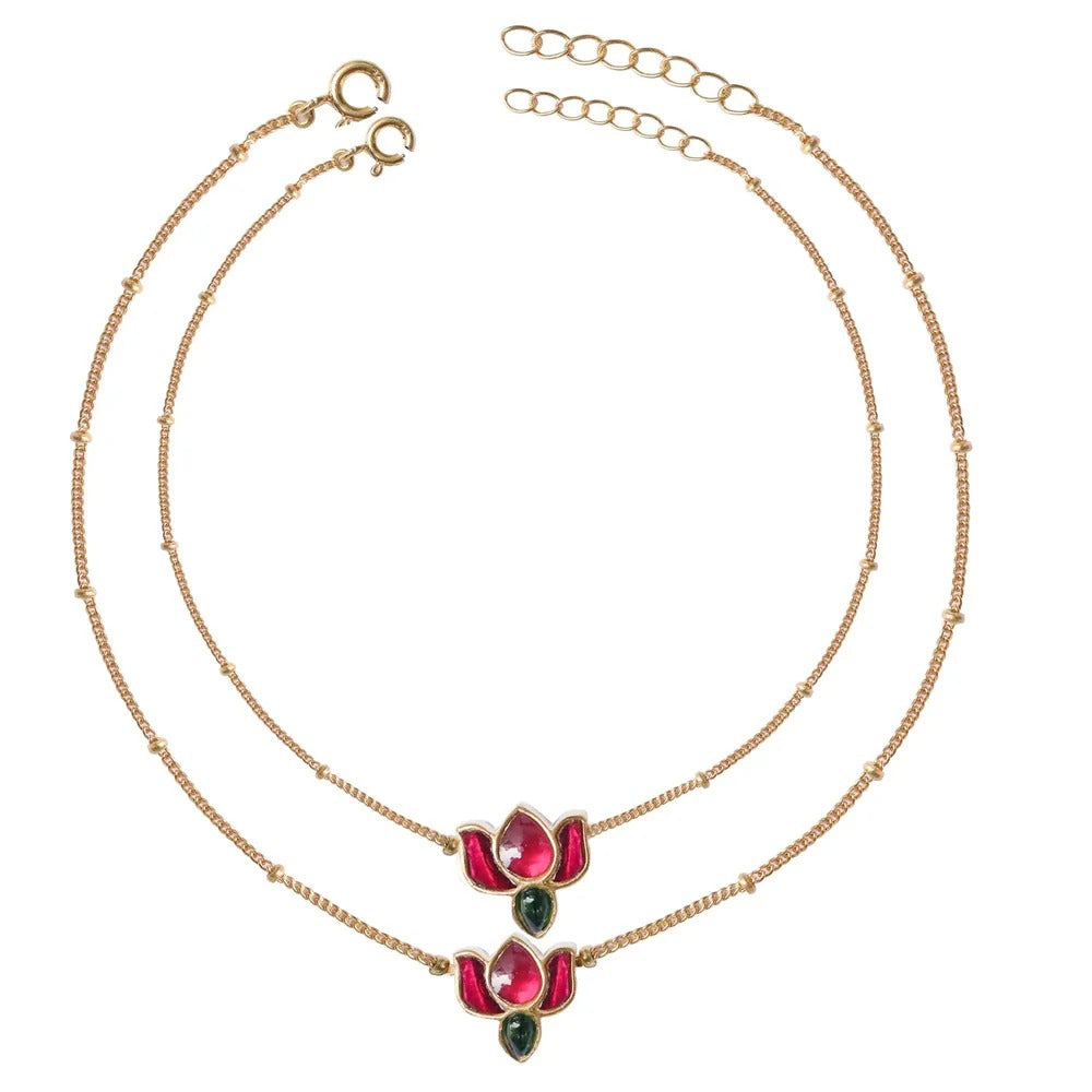 925 Sterling Silver Kundan Lotus Anklet ( Pair)