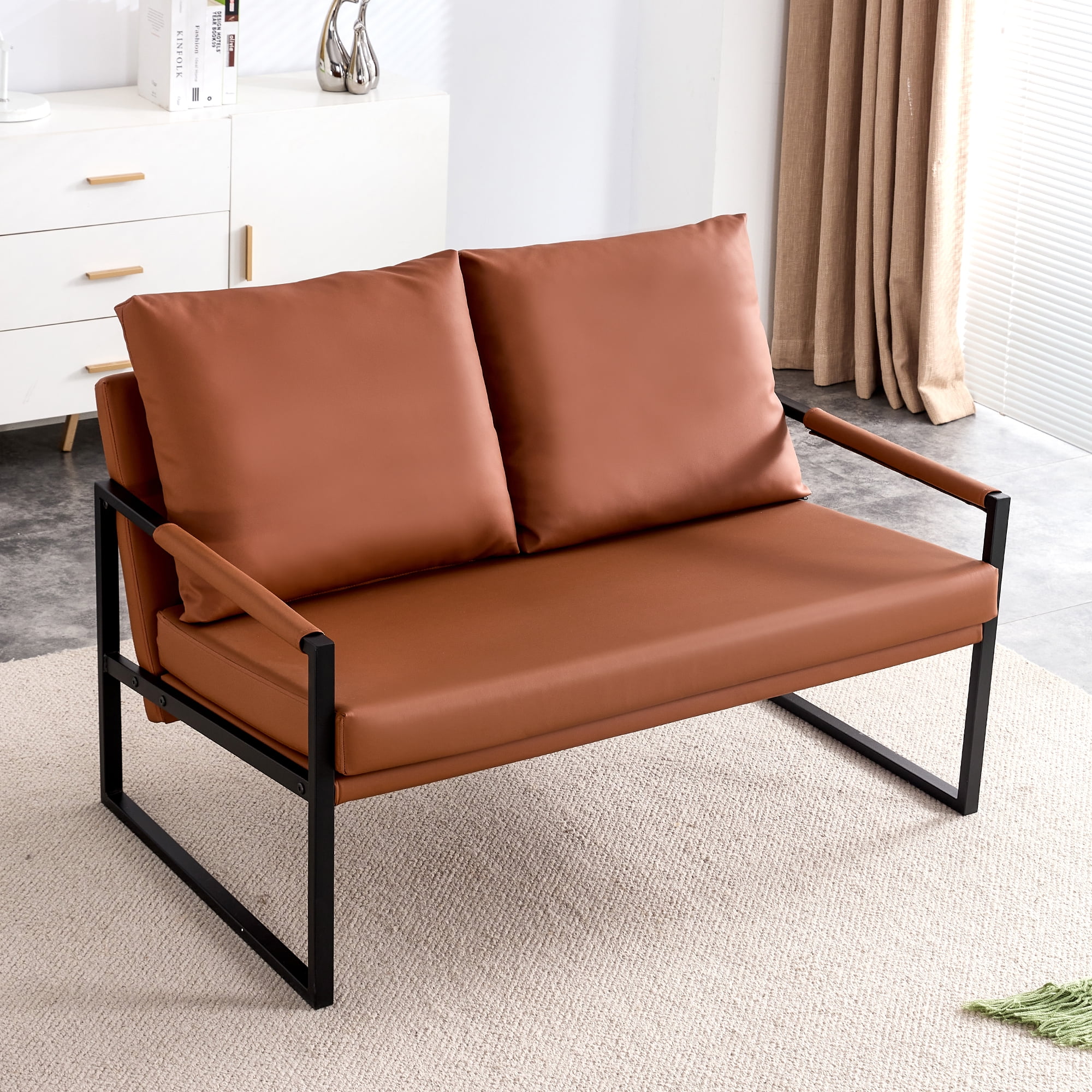 2026 Wasait modern two-seater sofa chair with 2 pillows-PU leather, high-density foam, black coated metal frame. Brown SF-D008