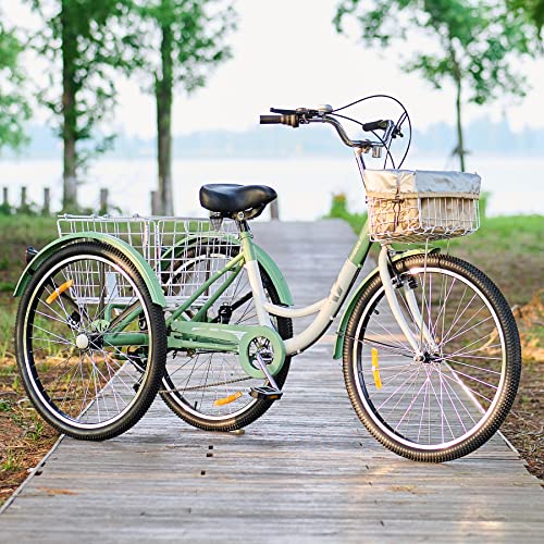 Tricycle 7-Speed, 24′′ Wheels, High Carbon Steel Frame, Front & Rear Baskets, Adjustable Saddle