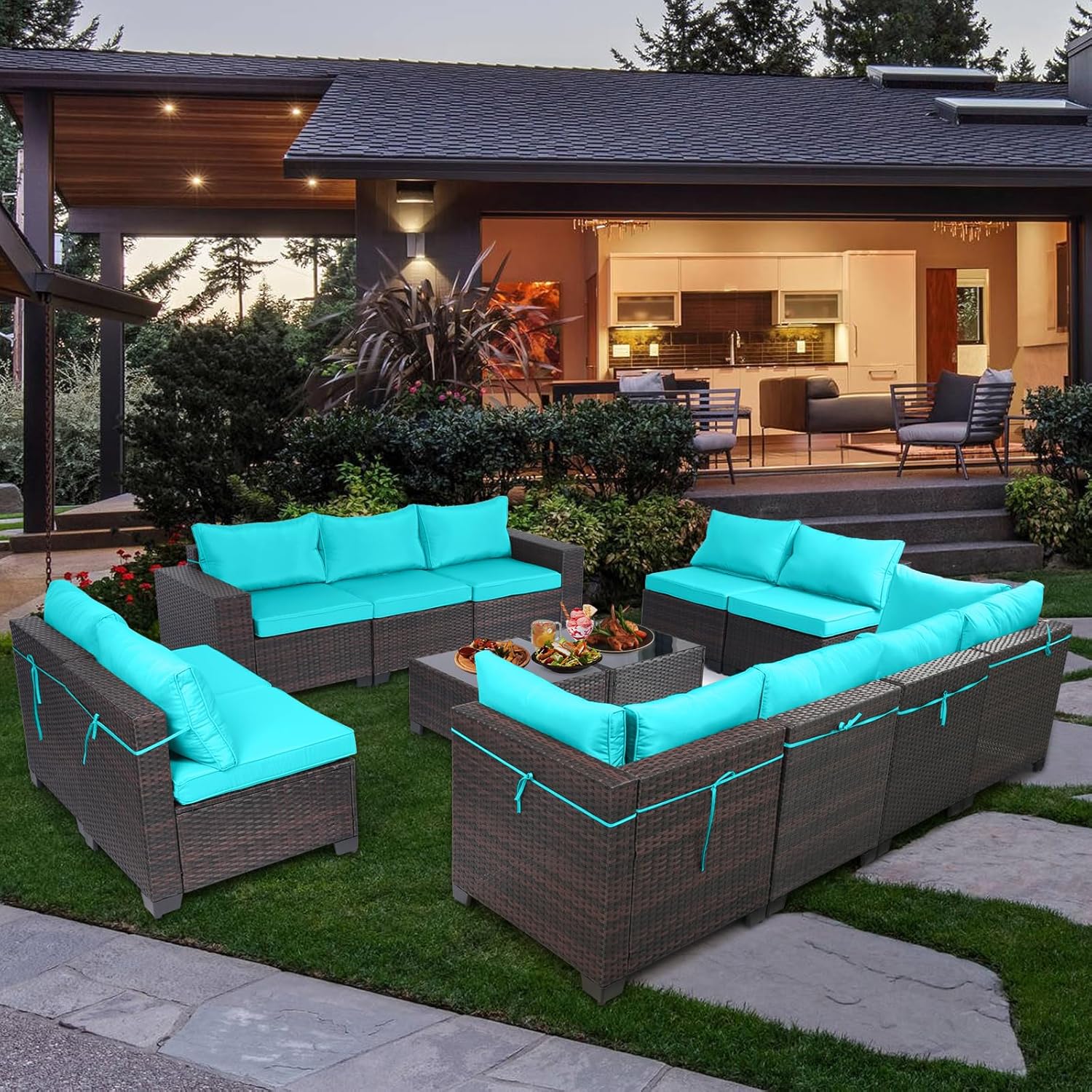 7 Pieces Rattan Patio Furniture Set with Tea Table