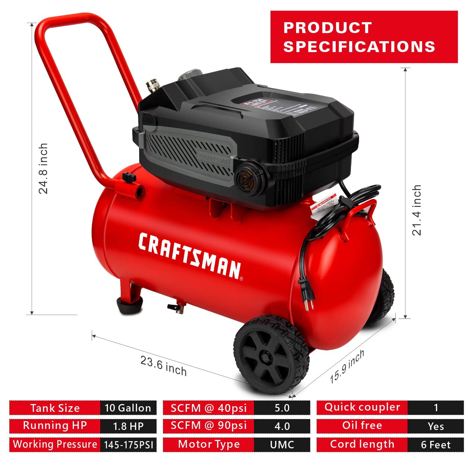 2026 CRAFTSMAN HARD Air Compressor, 10 Gallon 1.8 HP 175 PSI, 4.0CFM@90PSI, Oil Free and Maintenance Free, Portable with Large Wheels, CMXECXA0201041
