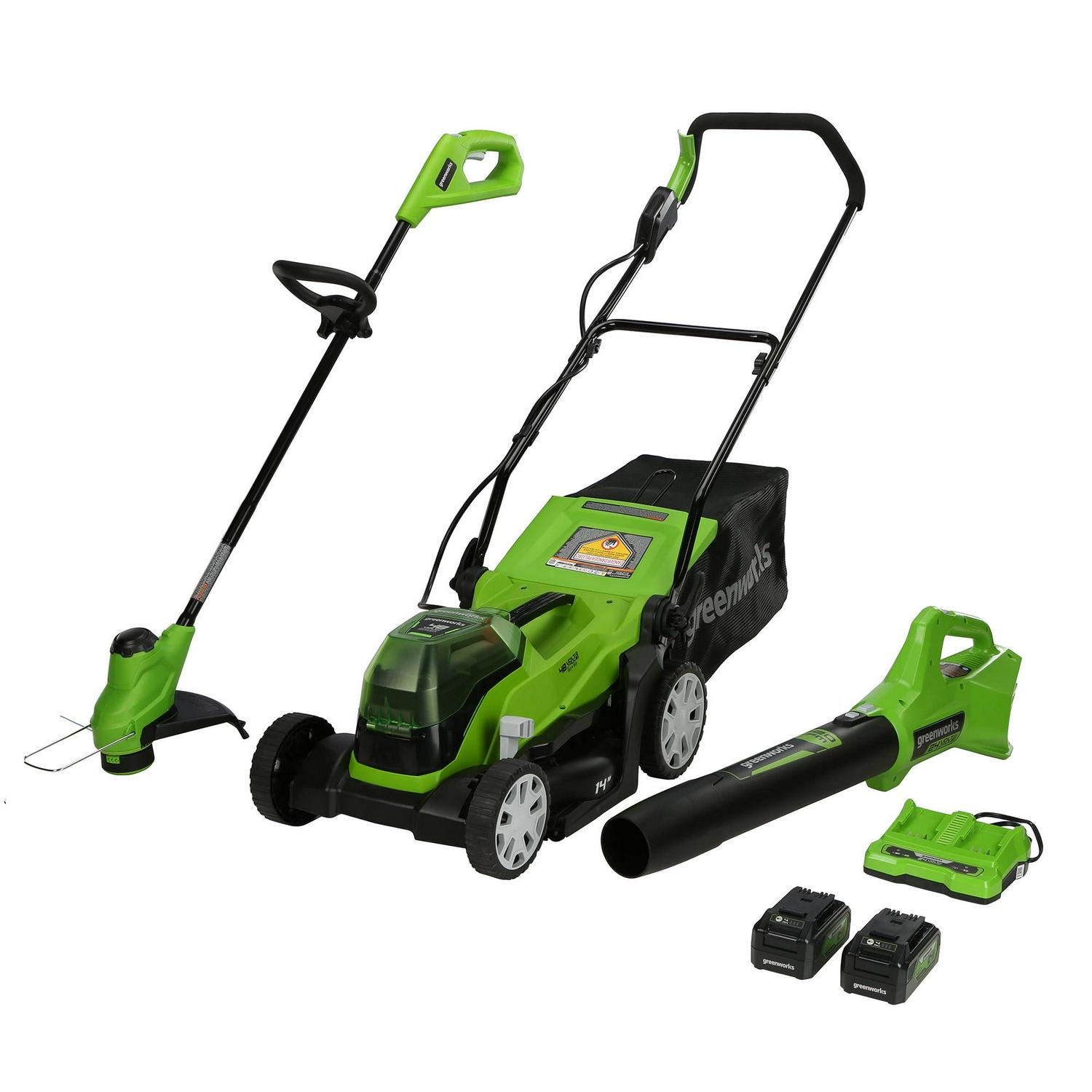Greenworks 48V 14? Mower, 24V Axial Blower, & 24V 10? String Trimmer Combo