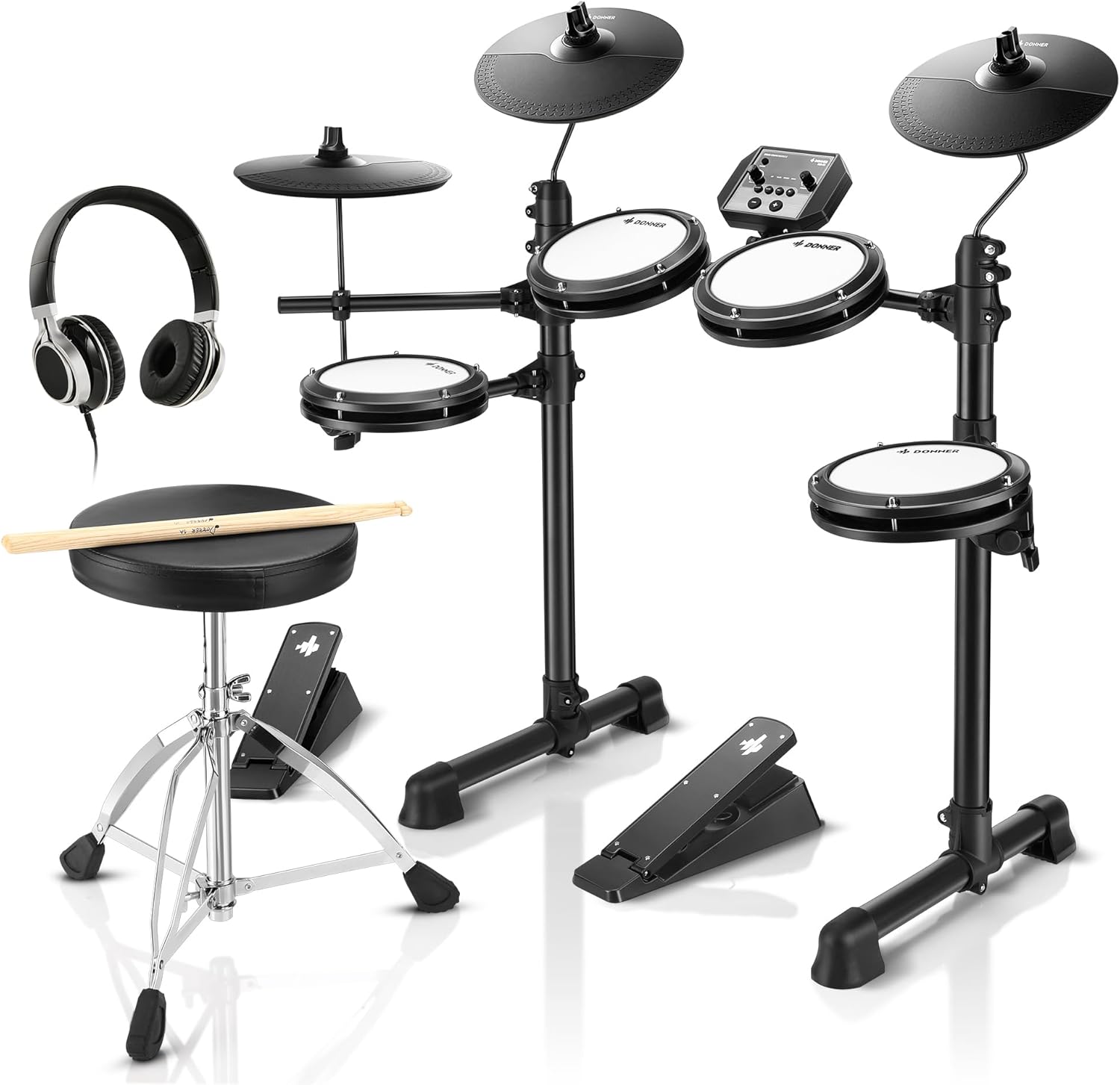 Electronic Drum Set with 4 Quiet Mesh Pads, 180+ Sounds, 2 Pedals, Throne, Headphones, Sticks, and Melodics Lessons – DED-80