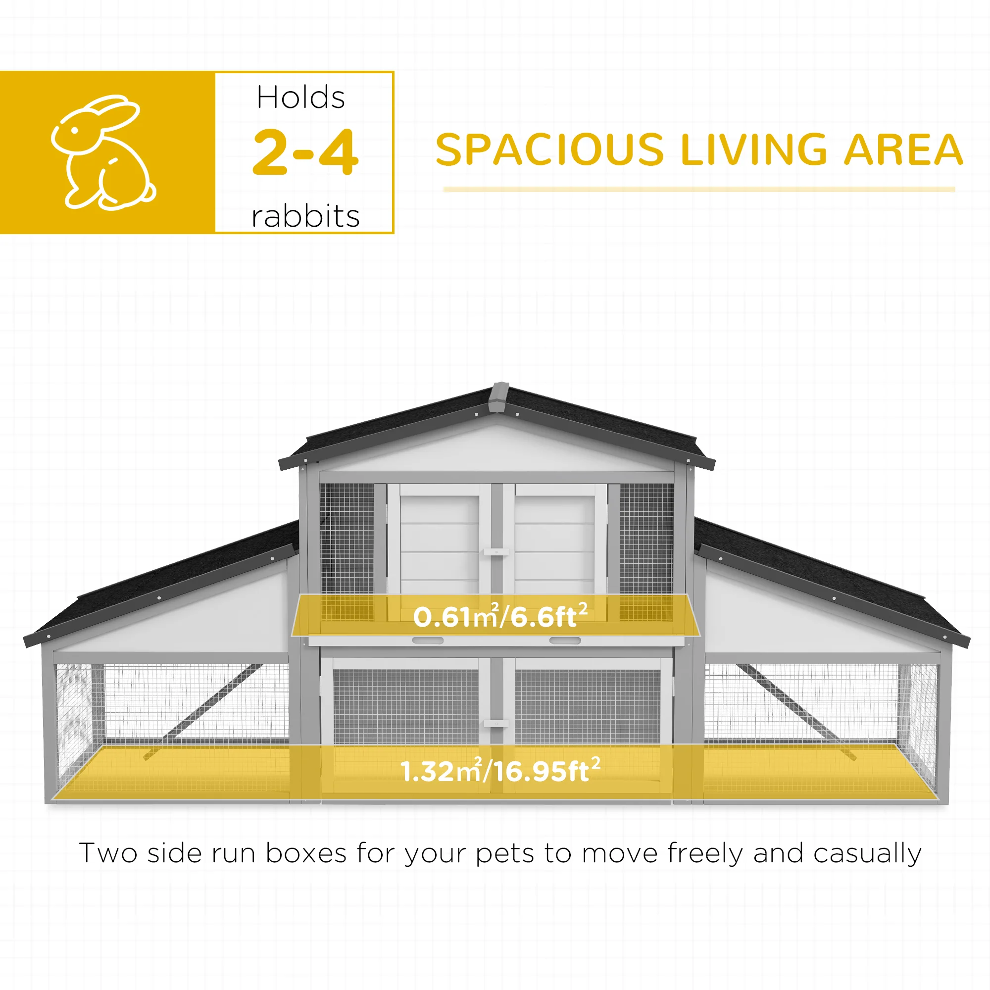 PawHut Large Rabbit Hutch with Run, Tray, Ramp, Wooden Guinea Pig House, Grey