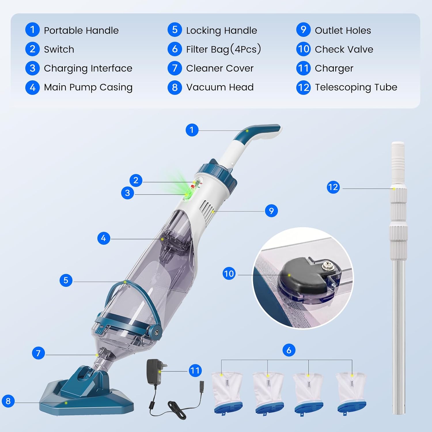 2026 Pool Vacuum for Above Ground Pool with a Telescopic Pole, Running time up to 1H, T403 Handheld Rechargeable Pool Cleaner with Powerful Suction up to 18.5 gallons/min, Ideal for Leaves, Debris