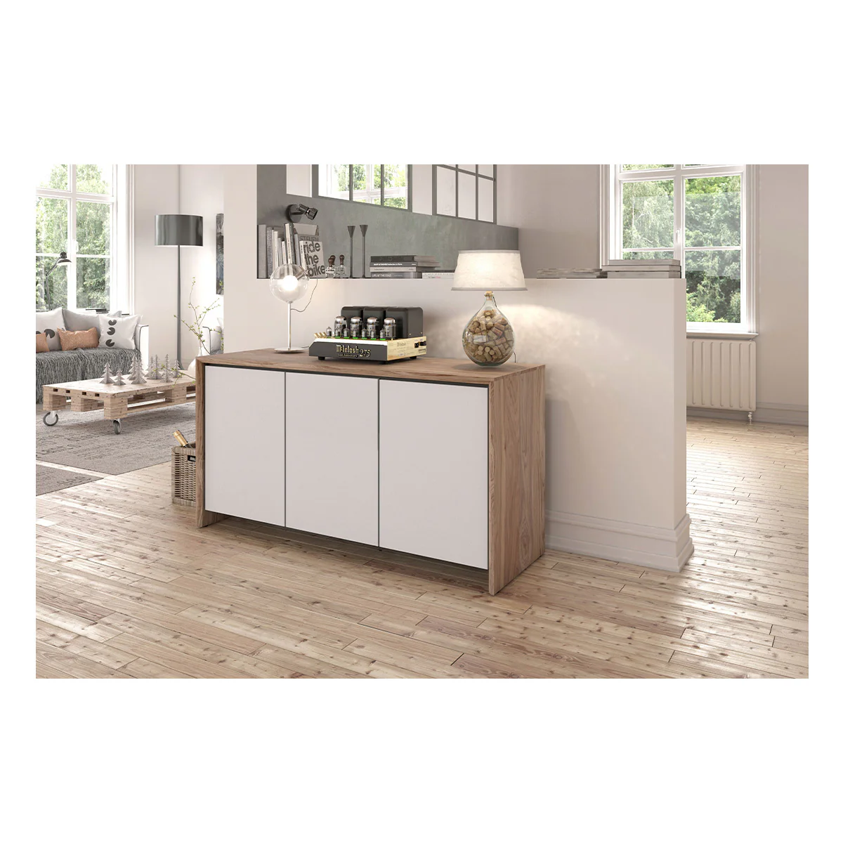 2026 Salamander Chameleon Collection Barcelona 337 Triple AV Cabinet (Natural Walnut with Gloss White Doors)