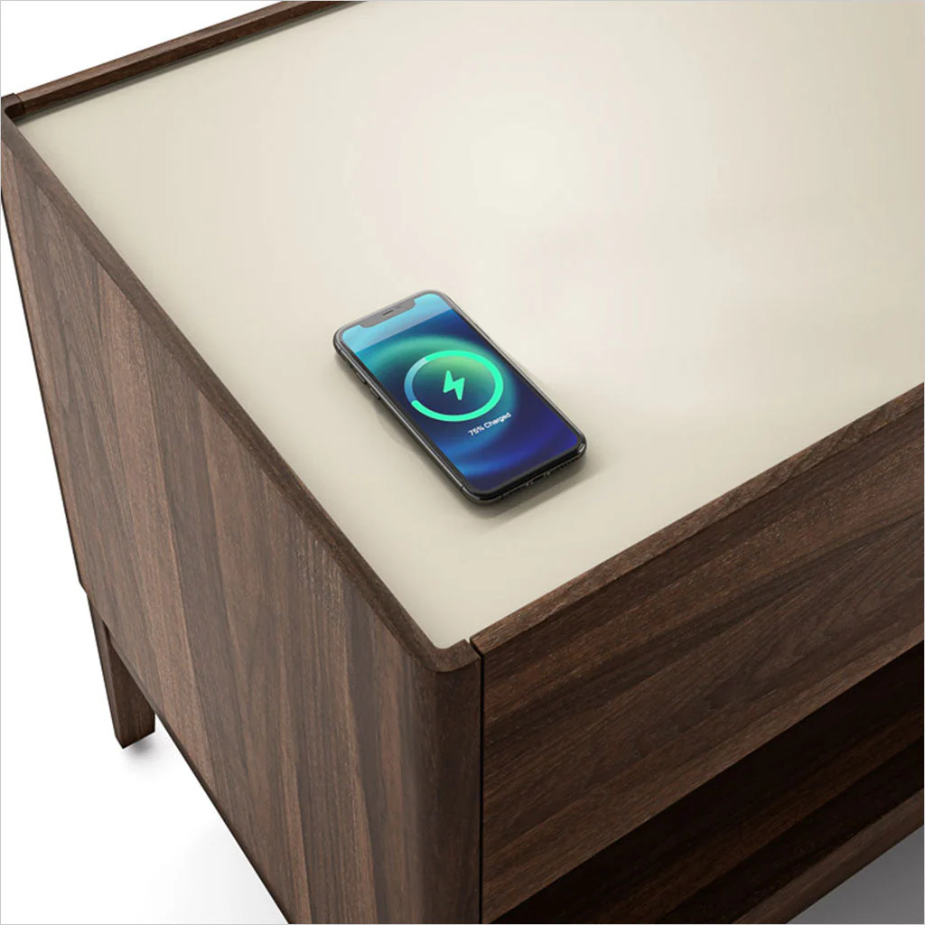 Regio Small Nightstand – Havana Walnut with Sand Glass Top and Wireless Charger