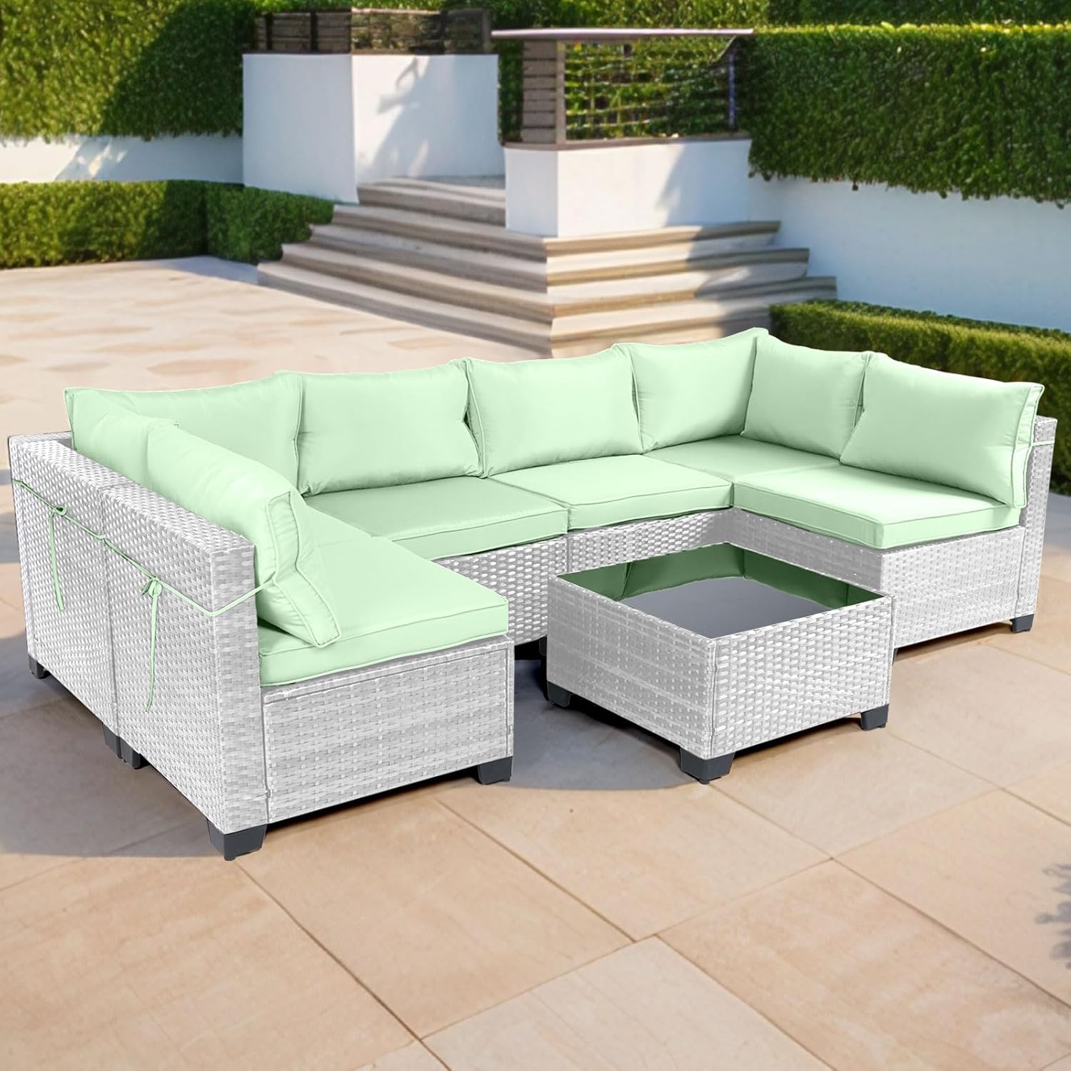 7 Pieces Rattan Patio Furniture Set with Tea Table