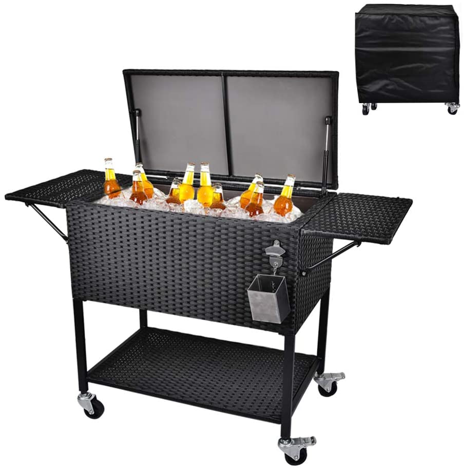 2026 80 Quart Rattan Rolling Cooler Cart, Portable Wicker Cooler Trolley, Backyard Party Drink Beverage Bar