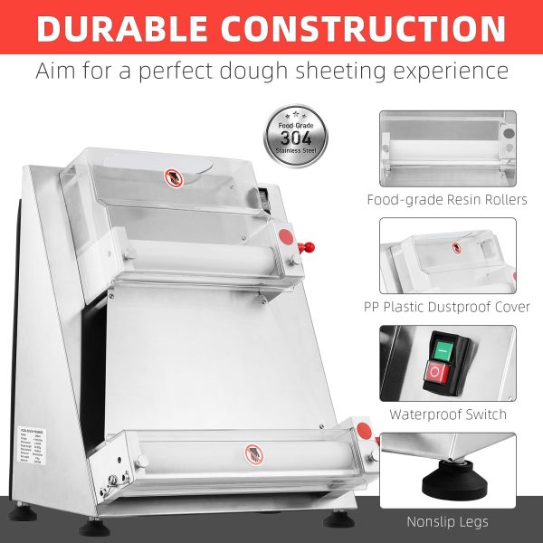 Commercial Pizza Dough Roller Sheeter, Max 16, Automatic 370W Electric Pizza Dough Roller, Stainless Steel, Suitable for Noodle, Pizza Bread and Pasta Maker Equipment