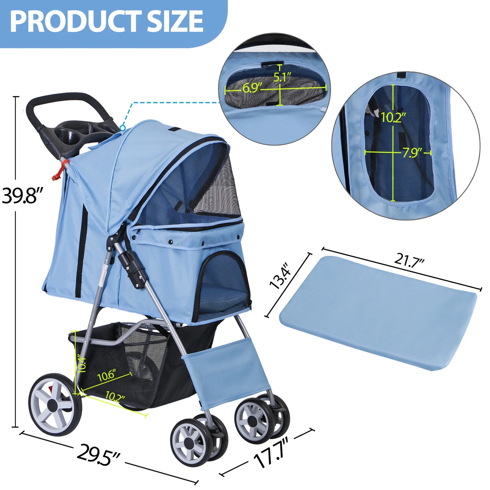 2026 Foldable Carrier Strolling Cart 4 Wheel Pet Stroller for Cat, Dog w/ Cup Holder