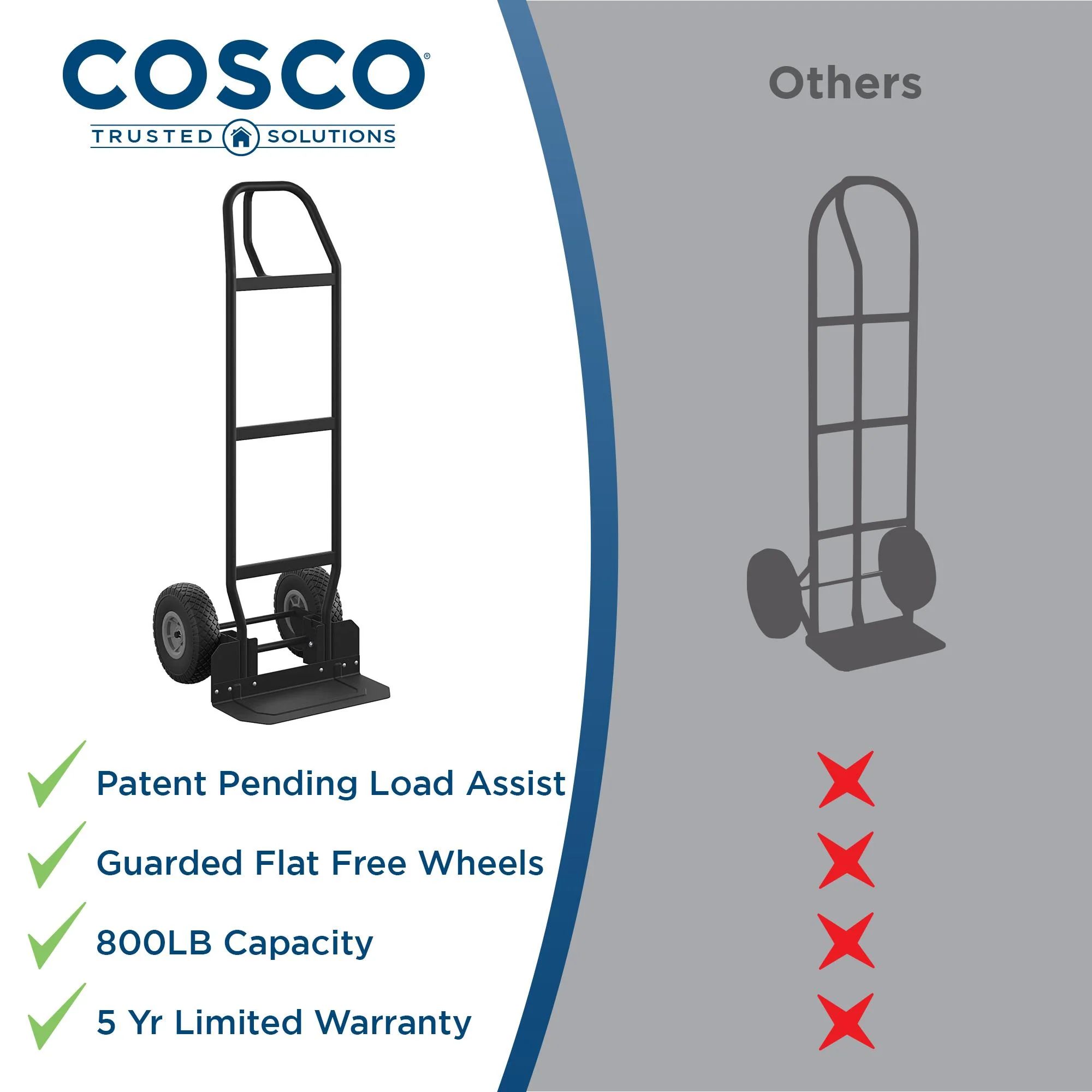 COSCO Load Assist Hand Truck with P Handle and Flat Free Wheels, 800lb capacity