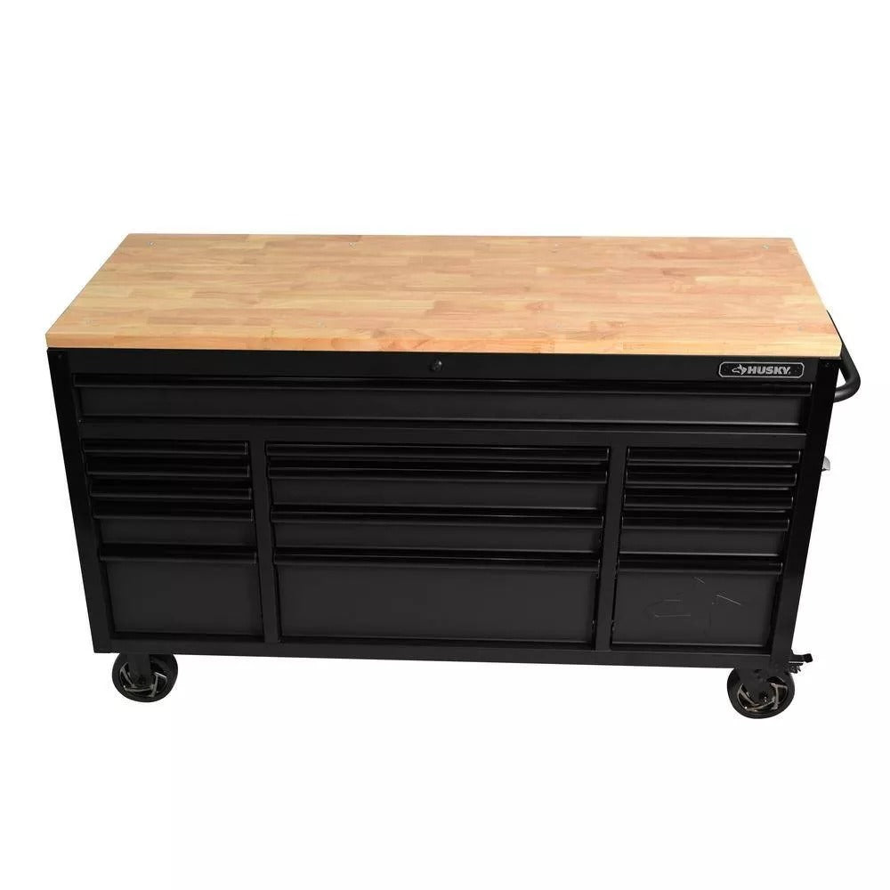2026 Heavy Duty 61 in. W x 23 in. D 15-Drawer Mobile Workbench with Solid Wood Top