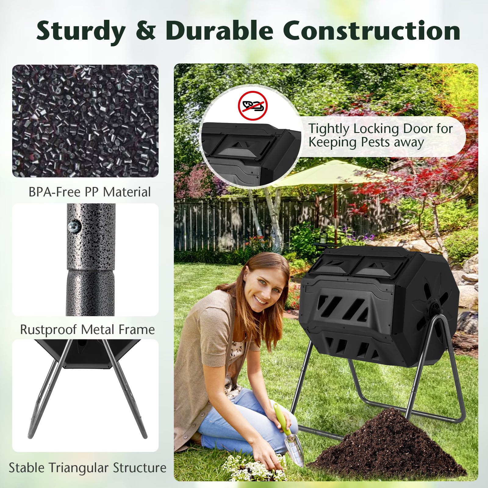 2025 Compost Bin, 42-Gal Dual Chamber Composting Tumbler w/2 Sliding Doors, Heavy-Duty Metal Frame